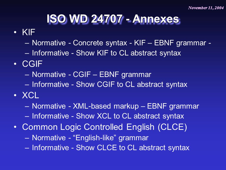 November 11, 2004 July 20, 2004 ISO WD Annexes KIF –Normative - Concrete syntax - KIF – EBNF grammar - –Informative - Show KIF to CL abstract syntax CGIF –Normative - CGIF – EBNF grammar –Informative - Show CGIF to CL abstract syntax XCL –Normative - XML-based markup – EBNF grammar –Informative - Show XCL to CL abstract syntax Common Logic Controlled English (CLCE) –Normative - English-like grammar –Informative - Show CLCE to CL abstract syntax