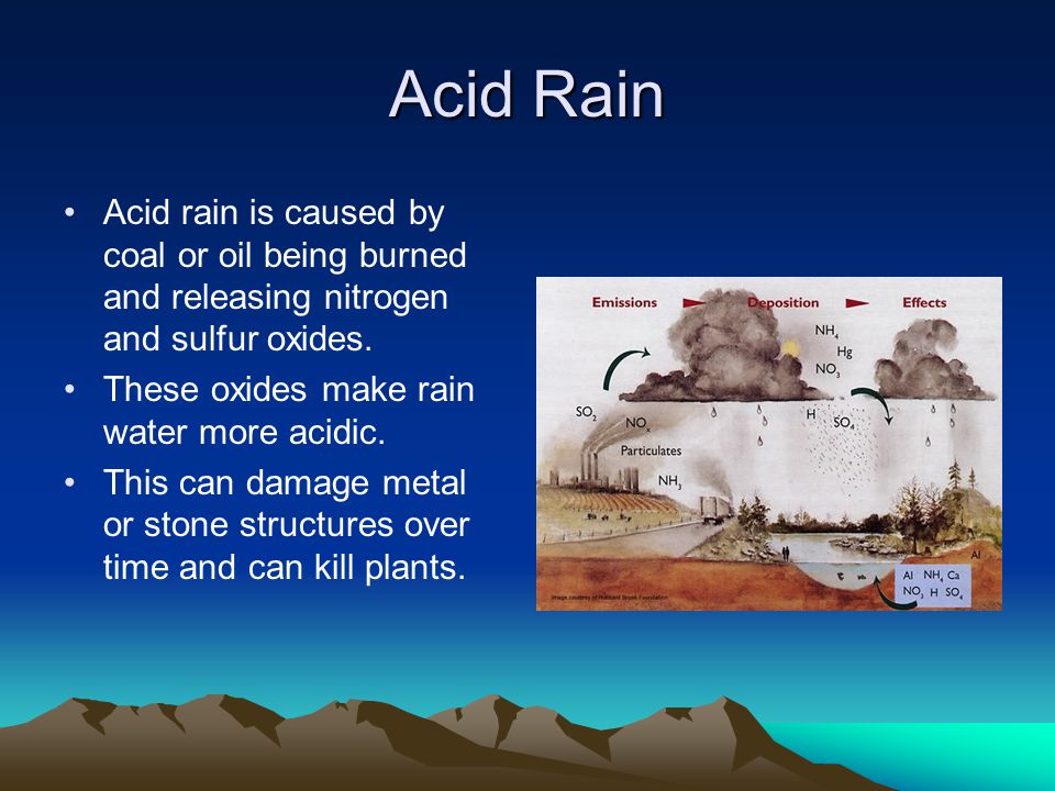 Acid Rain Acid rain is caused by coal or oil being burned and releasing nitrogen and sulfur oxides.