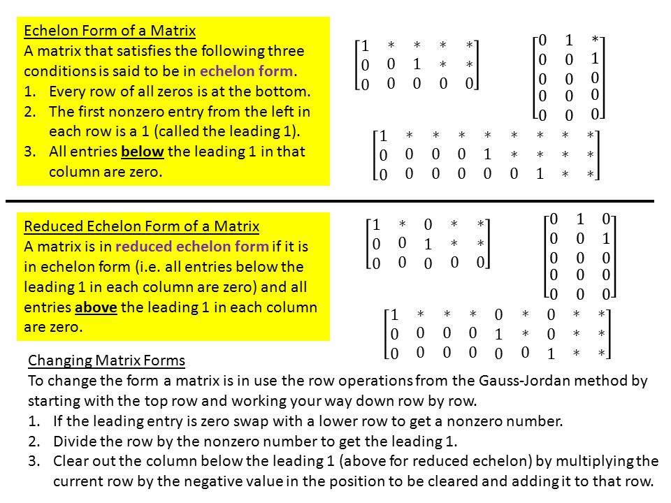 Echelon Form of a Matrix A matrix that satisfies the following three conditions is said to be in echelon form.