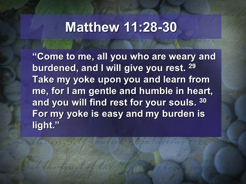 Matthew 11:28-30 Come to me, all you who are weary and burdened, and I will give you rest.