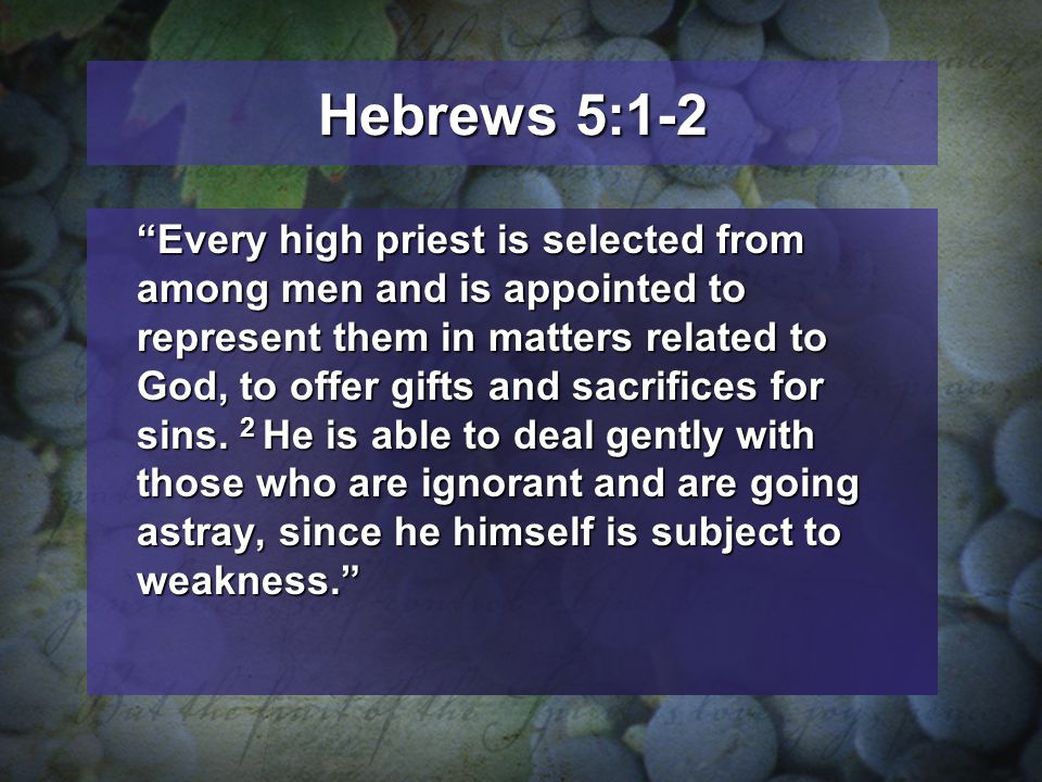 Hebrews 5:1-2 Every high priest is selected from among men and is appointed to represent them in matters related to God, to offer gifts and sacrifices for sins.