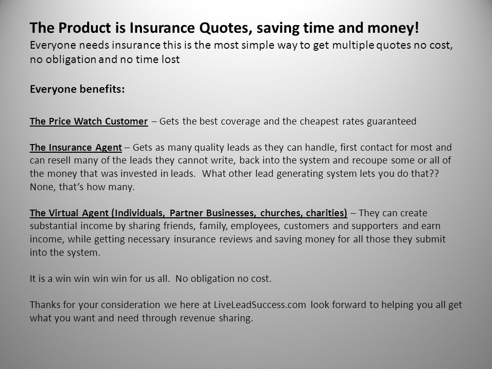 The Product is Insurance Quotes, saving time and money.