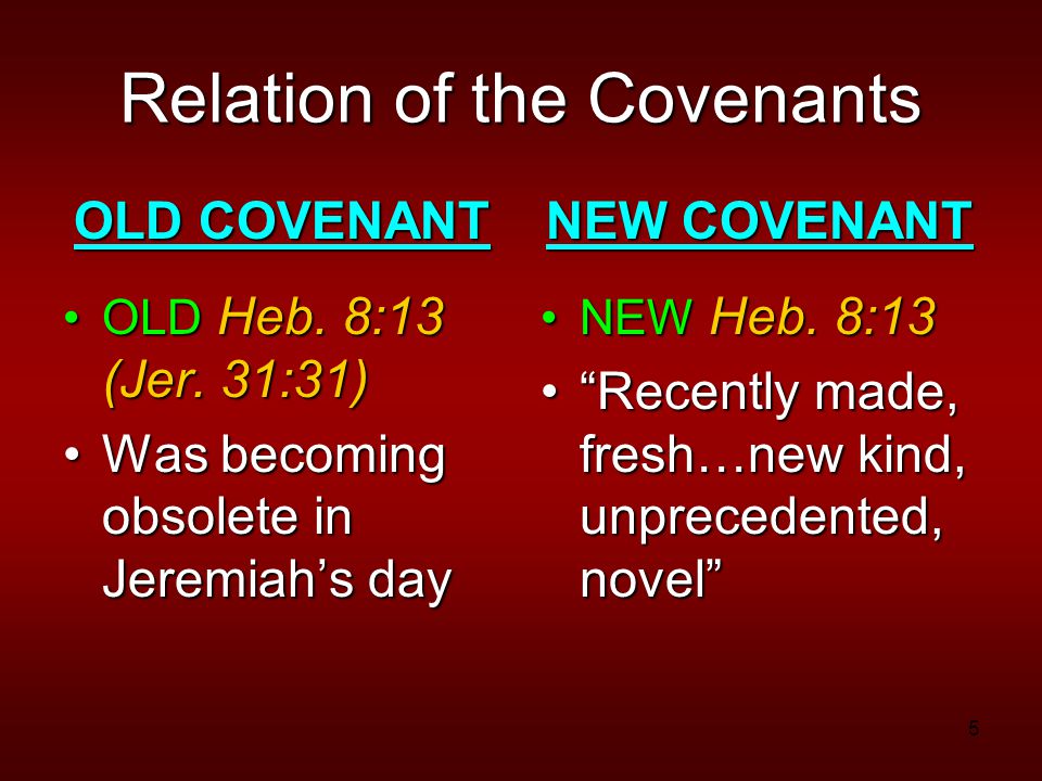 5 Relation of the Covenants OLD COVENANT OLD Heb. 8:13 (Jer.