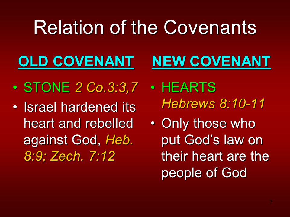 7 Relation of the Covenants OLD COVENANT STONE 2 Co.3:3,7STONE 2 Co.3:3,7 Israel hardened its heart and rebelled against God, Heb.