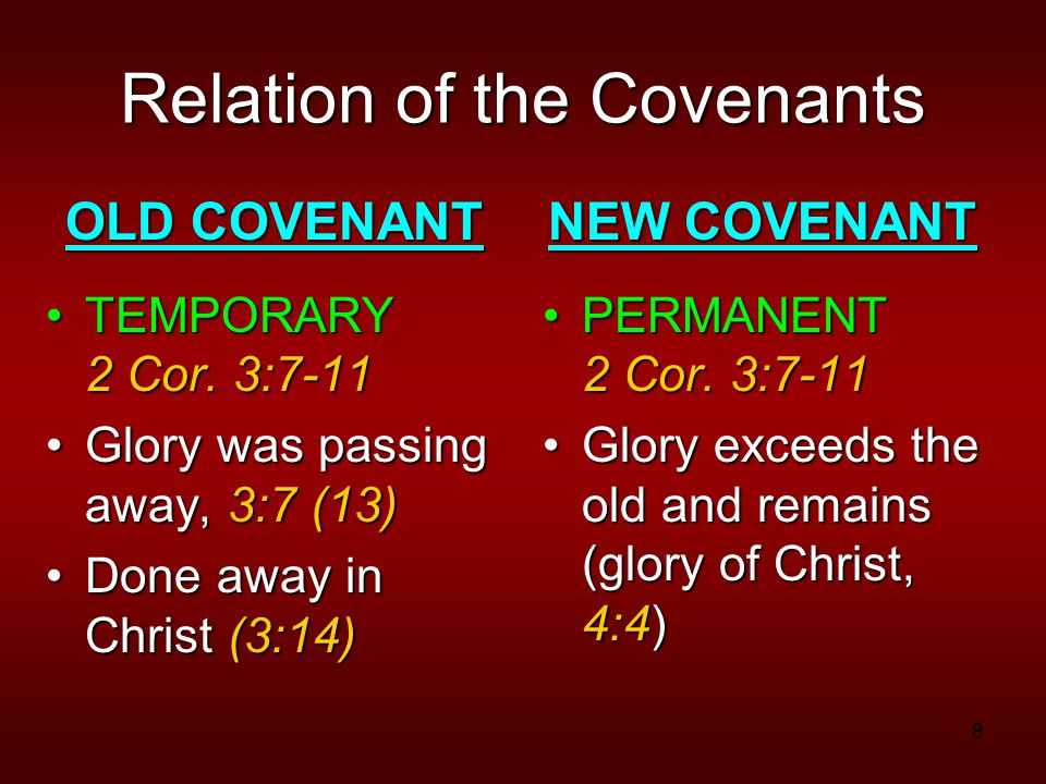8 Relation of the Covenants OLD COVENANT TEMPORARY 2 Cor.