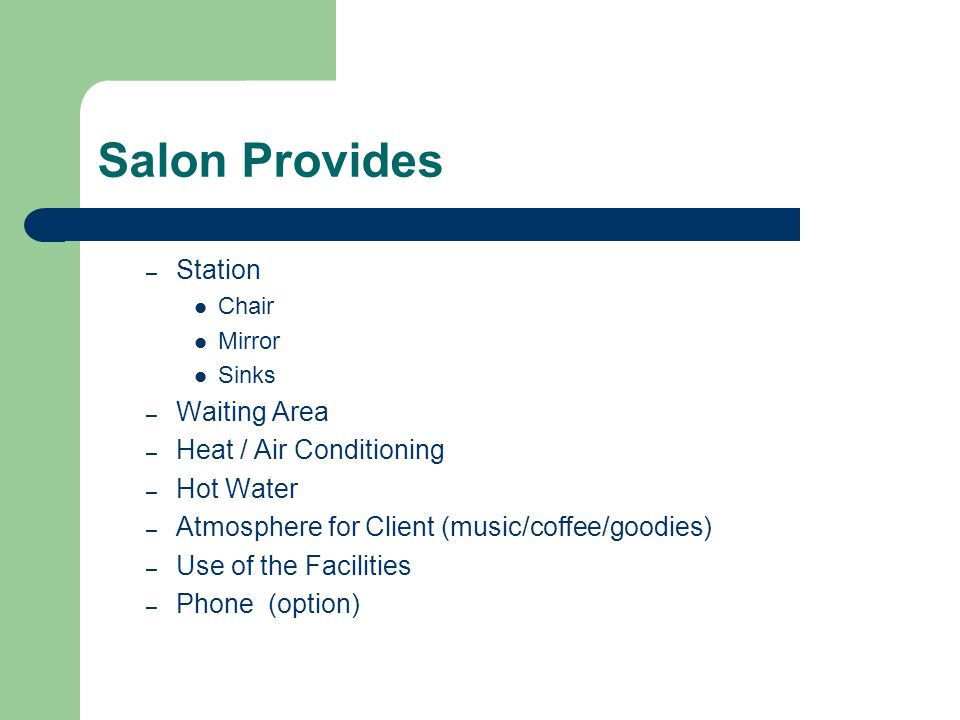 Salon Provides – Station Chair Mirror Sinks – Waiting Area – Heat / Air Conditioning – Hot Water – Atmosphere for Client (music/coffee/goodies) – Use of the Facilities – Phone (option)