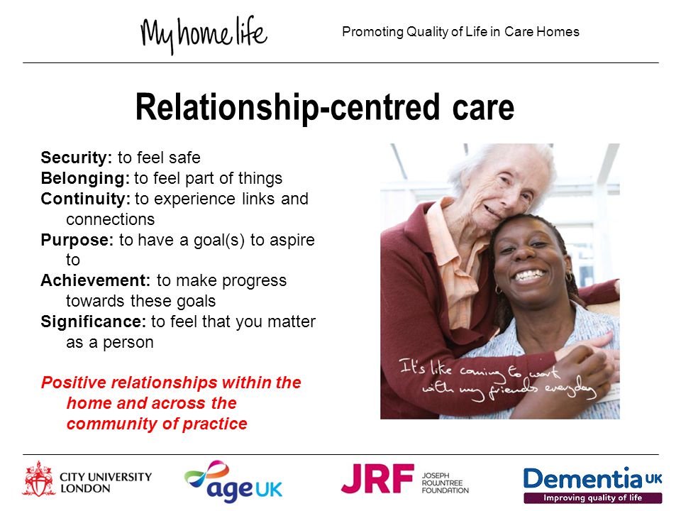 Promoting Quality of Life in Care Homes MHL Vision Personalisation Maintaining identity Sharing decision-making Creating community Navigation 4.Managing transitions 5.Improving health & healthcare 6.Supporting good end-of-life Transformation 7.Keeping workforce fit for purpose 8.Promoting a positive culture