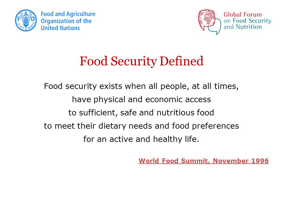Food Security Defined Food security exists when all people, at all times, have physical and economic access to sufficient, safe and nutritious food to meet their dietary needs and food preferences for an active and healthy life.