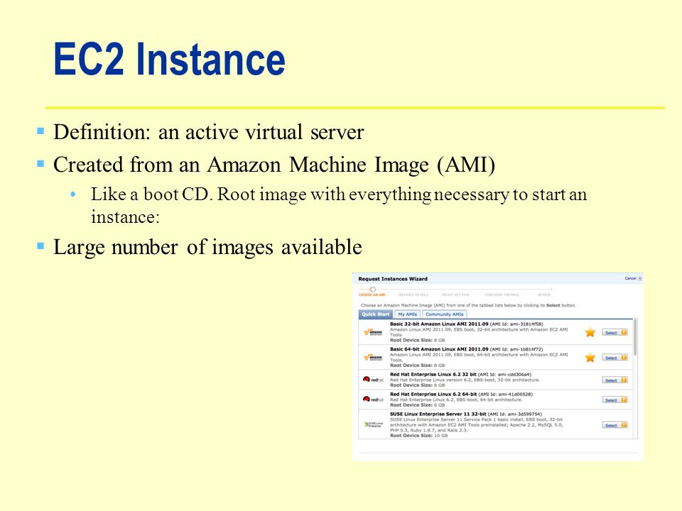 EC2 Instance  Definition: an active virtual server  Created from an Amazon Machine Image (AMI) Like a boot CD.