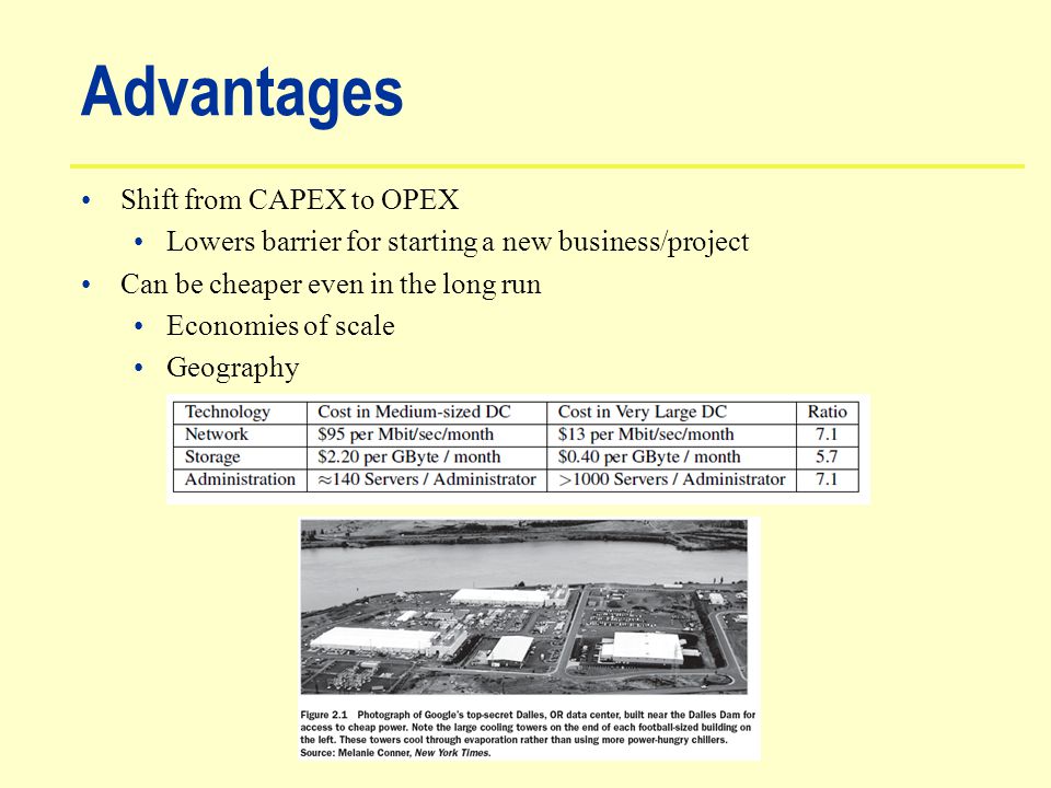 Advantages Shift from CAPEX to OPEX Lowers barrier for starting a new business/project Can be cheaper even in the long run Economies of scale Geography