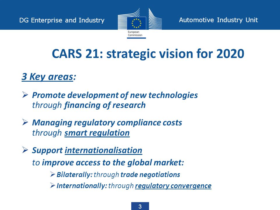 3 DG Enterprise and Industry Automotive Industry Unit 3 Key areas:  Promote development of new technologies through financing of research  Managing regulatory compliance costs through smart regulation  Support internationalisation to improve access to the global market:  Bilaterally: through trade negotiations  Internationally: through regulatory convergence CARS 21: strategic vision for 2020