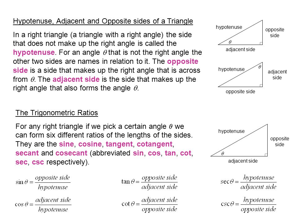 Hypotenuse, Adjacent and Opposite sides of a Triangle In a right triangle (a triangle with a right angle) the side that does not make up the right angle is called the hypotenuse.
