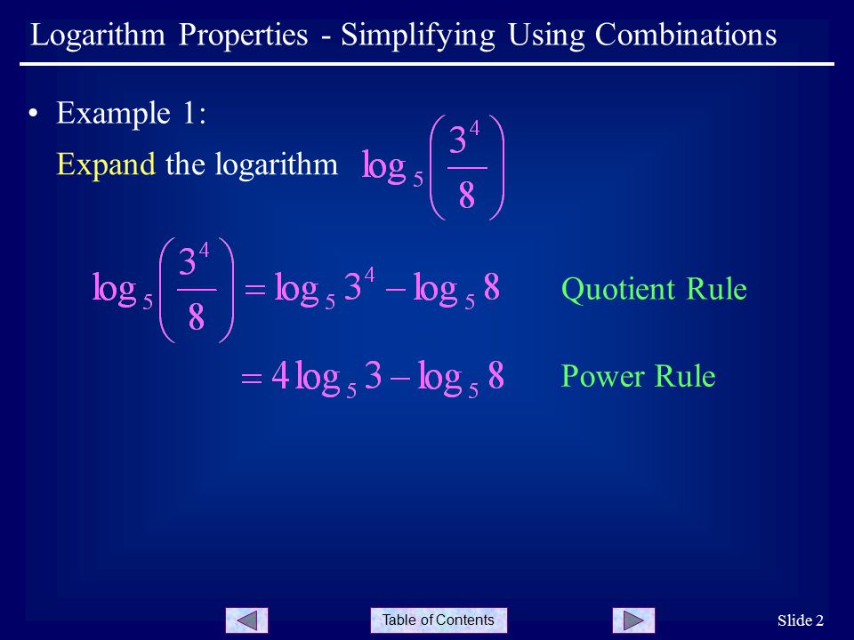 Table of Contents Slide 2 Example 1: Expand the logarithm Logarithm Properties - Simplifying Using Combinations Quotient Rule Power Rule