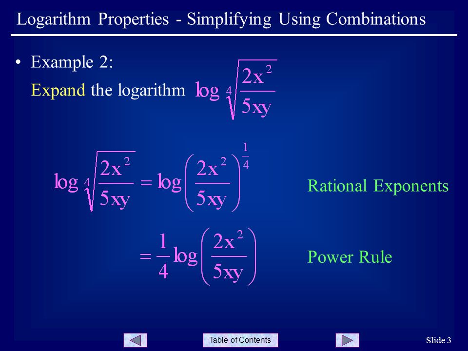 Table of Contents Slide 3 Logarithm Properties - Simplifying Using Combinations Example 2: Expand the logarithm Rational Exponents Power Rule