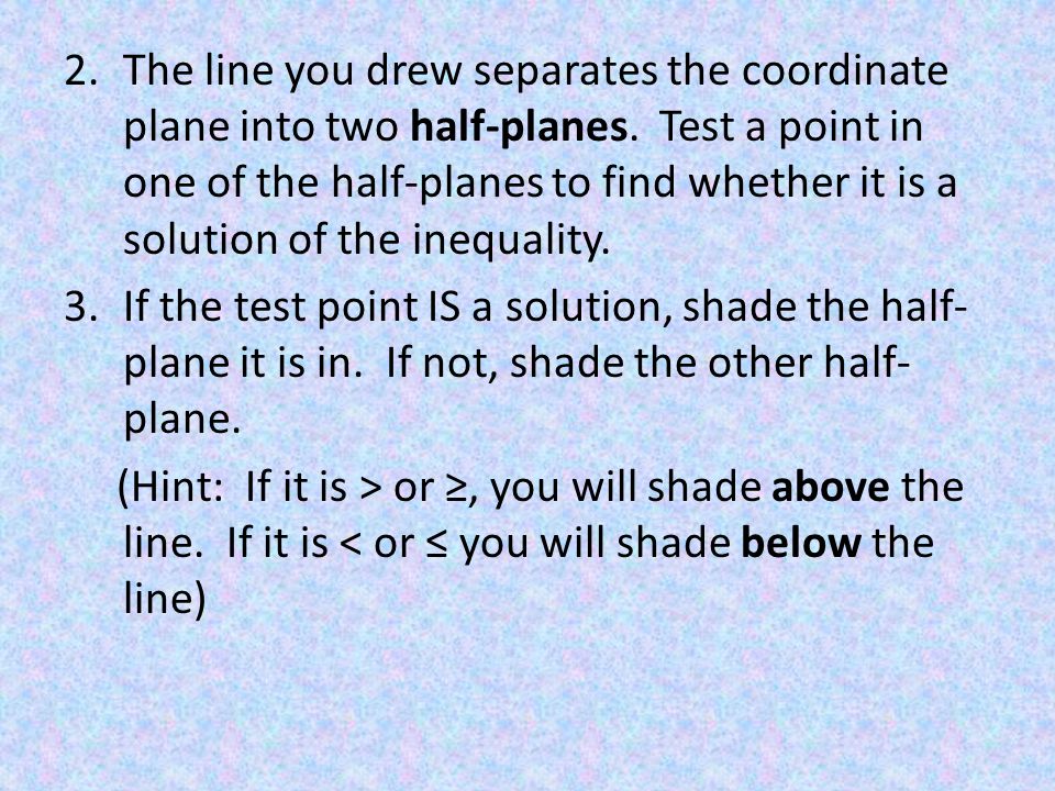 2.The line you drew separates the coordinate plane into two half-planes.