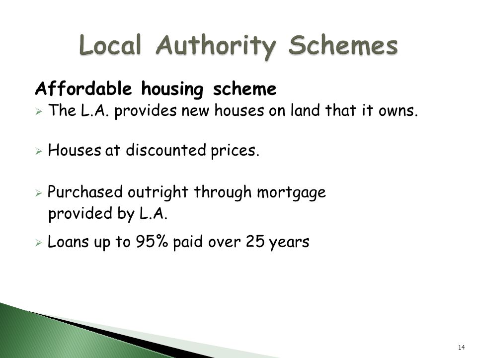 Affordable housing scheme  The L.A. provides new houses on land that it owns.