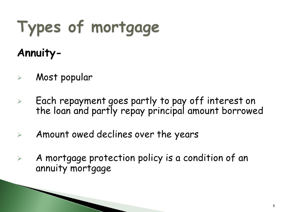 Annuity-  Most popular  Each repayment goes partly to pay off interest on the loan and partly repay principal amount borrowed  Amount owed declines over the years  A mortgage protection policy is a condition of an annuity mortgage 6