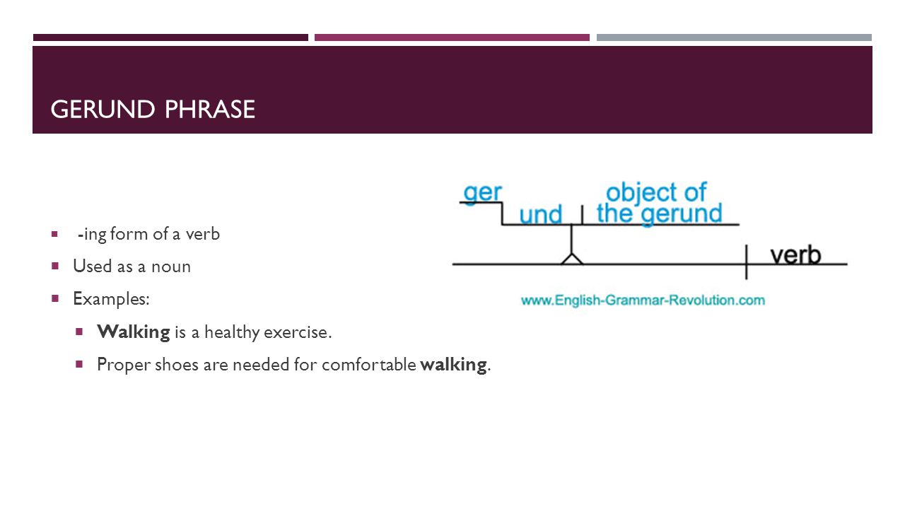 GERUND PHRASE  -ing form of a verb  Used as a noun  Examples:  Walking is a healthy exercise.