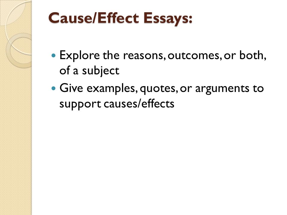 Essay Writing Examples For High School Causeeffect Essays Explore The Reasons Outcomes Or Both Of A Subject Give Examples Quotes Or Arguments To Support Causeseffects Example Of A Thesis Statement For An Essay also Small Essays In English Composing Your Causeeffect Essay Goal Of Causeeffect Writing To University English Essay