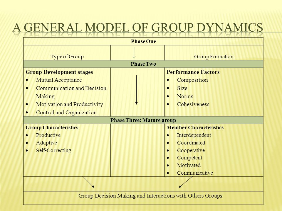 Phase One Type of GroupGroup Formation Phase Two Group Development stages  Mutual Acceptance  Communication and Decision Making  Motivation and Productivity  Control and Organization Performance Factors  Composition  Size  Norms  Cohesiveness Phase Three: Mature group Group Characteristics  Productive  Adaptive  Self-Correcting Member Characteristics  Interdependent  Coordinated  Cooperative  Competent  Motivated  Communicative Group Decision Making and Interactions with Others Groups
