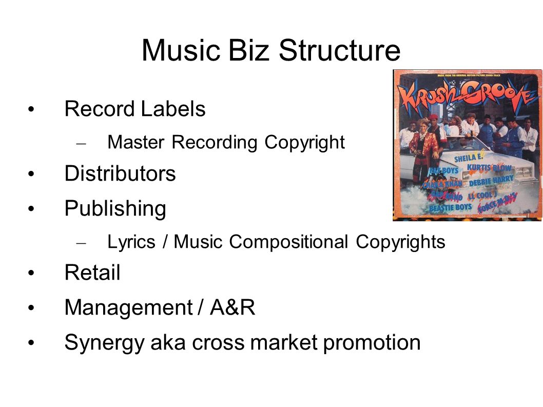 Music Biz Structure Record Labels – Master Recording Copyright Distributors Publishing – Lyrics / Music Compositional Copyrights Retail Management / A&R Synergy aka cross market promotion