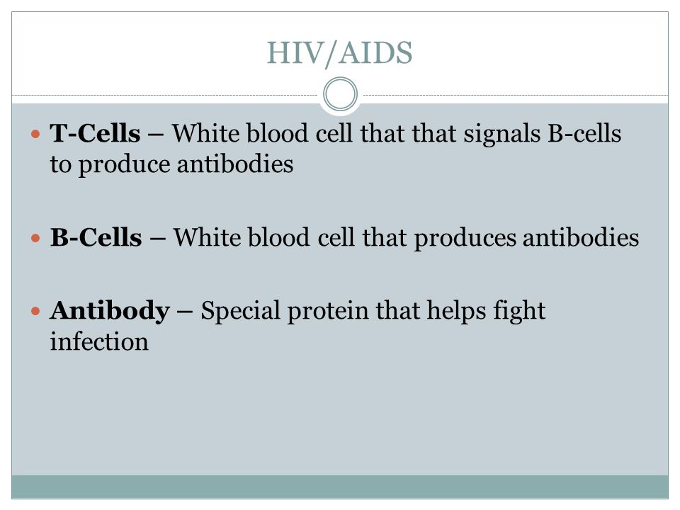 HIV/AIDS T-Cells – White blood cell that that signals B-cells to produce antibodies B-Cells – White blood cell that produces antibodies Antibody – Special protein that helps fight infection