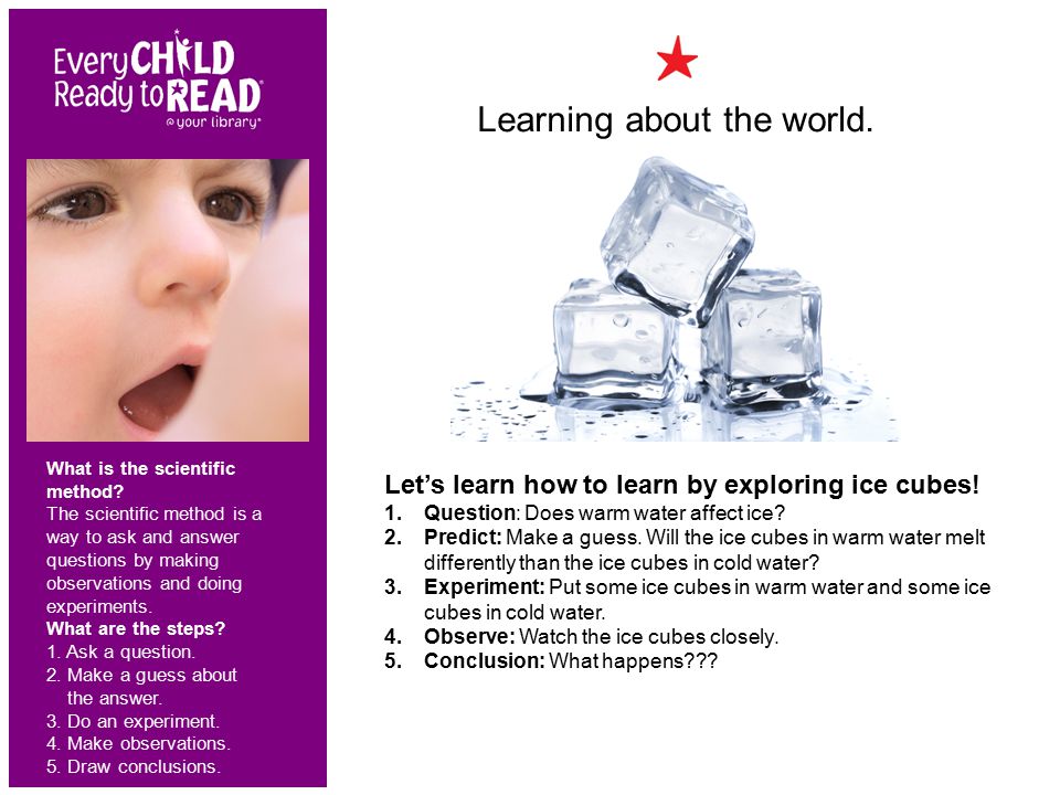 Let’s learn how to learn by exploring ice cubes. 1.Question: Does warm water affect ice.
