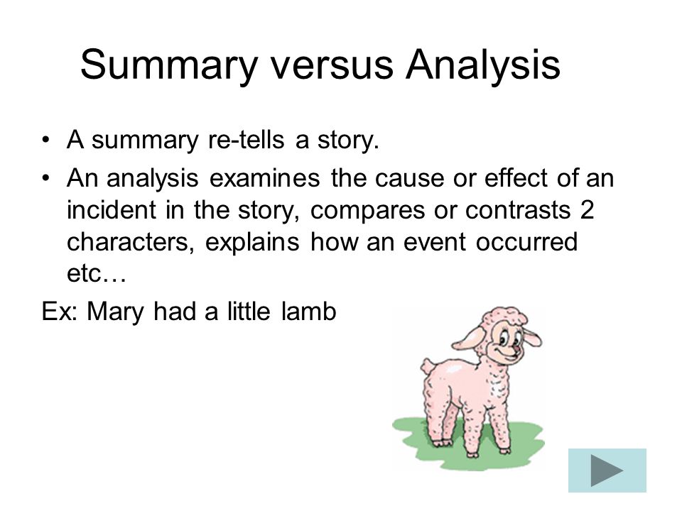 Summary versus Analysis A summary re-tells a story.