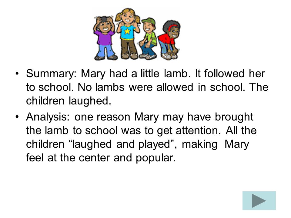 Summary: Mary had a little lamb. It followed her to school.