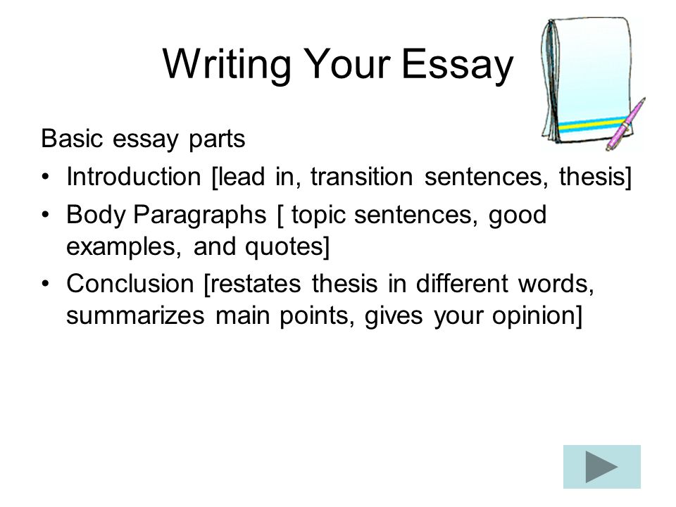 Writing Your Essay Basic essay parts Introduction [lead in, transition sentences, thesis] Body Paragraphs [ topic sentences, good examples, and quotes] Conclusion [restates thesis in different words, summarizes main points, gives your opinion]