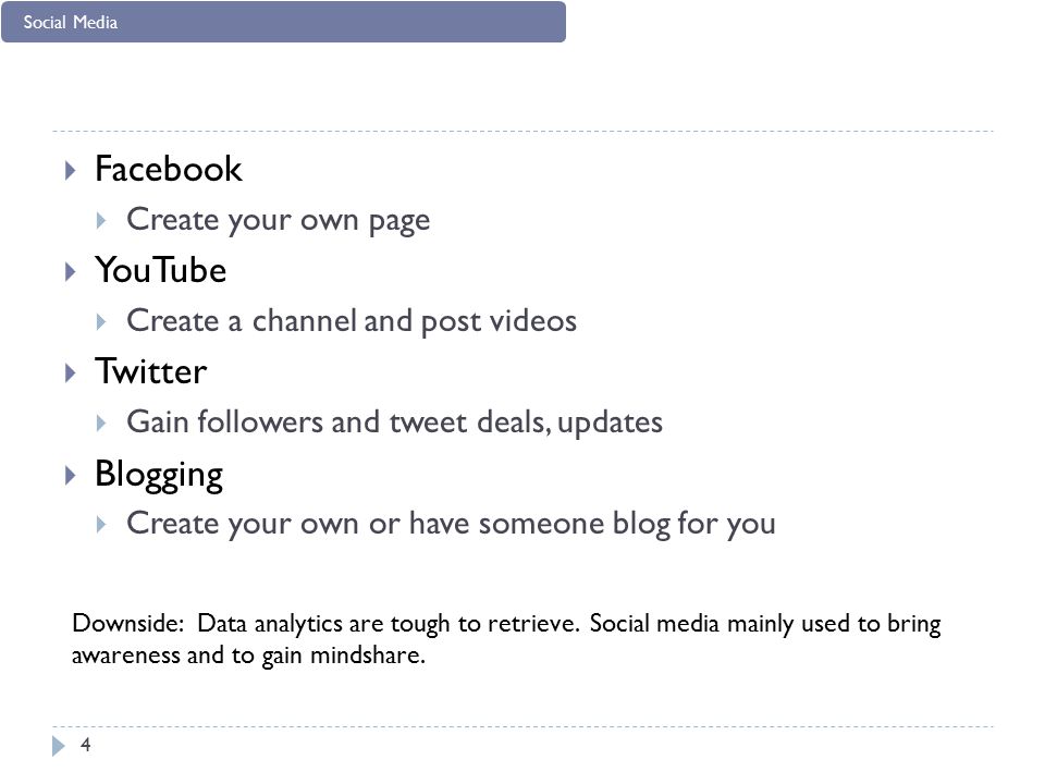  Facebook  Create your own page  YouTube  Create a channel and post videos  Twitter  Gain followers and tweet deals, updates  Blogging  Create your own or have someone blog for you Downside: Data analytics are tough to retrieve.