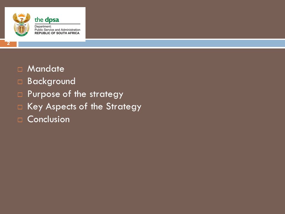 Outline 2  Mandate  Background  Purpose of the strategy  Key Aspects of the Strategy  Conclusion