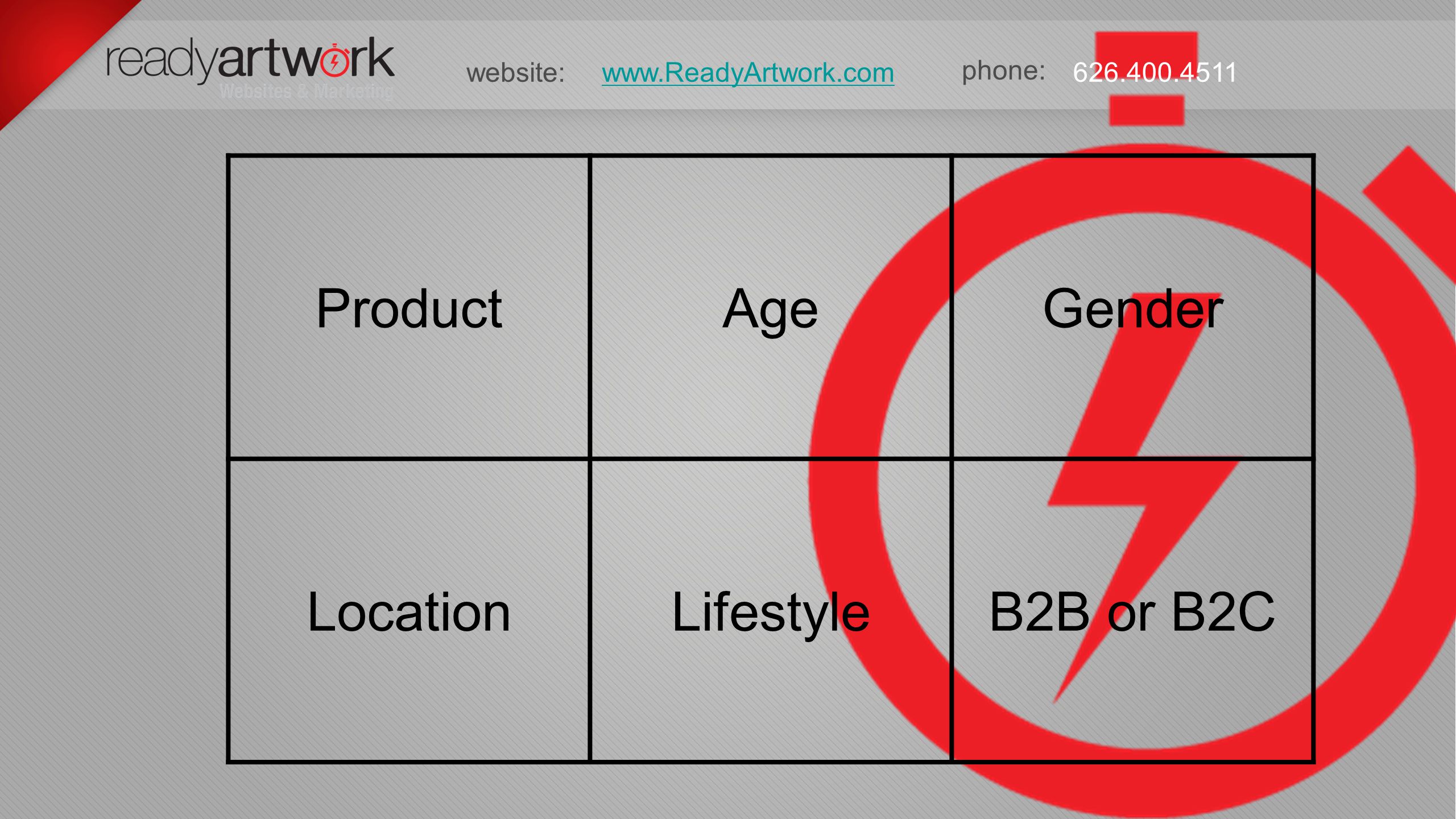 phone: website: ProductAgeGender LocationLifestyleB2B or B2C
