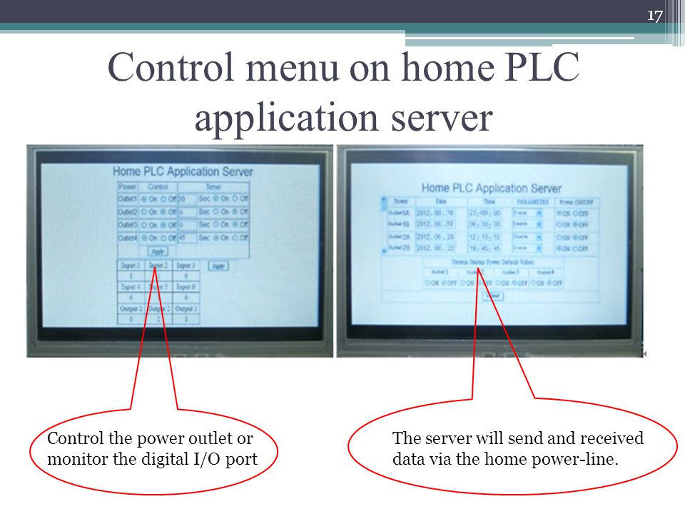 Control menu on home PLC application server Local user can touch the LCD screen on the application server and select the button to control or query the power supply of each outlet and check the digital I/O channels.