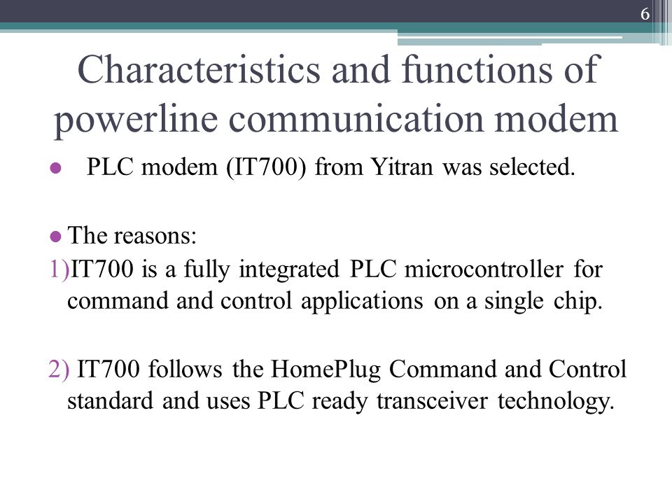 Characteristics and functions of powerline communication modem PLC modem (IT700) from Yitran was selected.