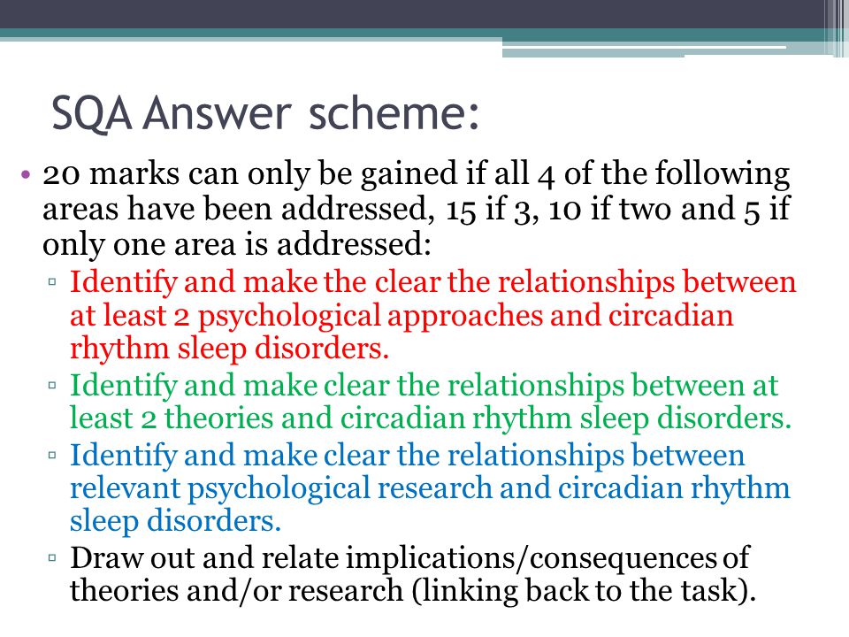 SQA Answer scheme: 20 marks can only be gained if all 4 of the following areas have been addressed, 15 if 3, 10 if two and 5 if only one area is addressed: ▫Identify and make the clear the relationships between at least 2 psychological approaches and circadian rhythm sleep disorders.