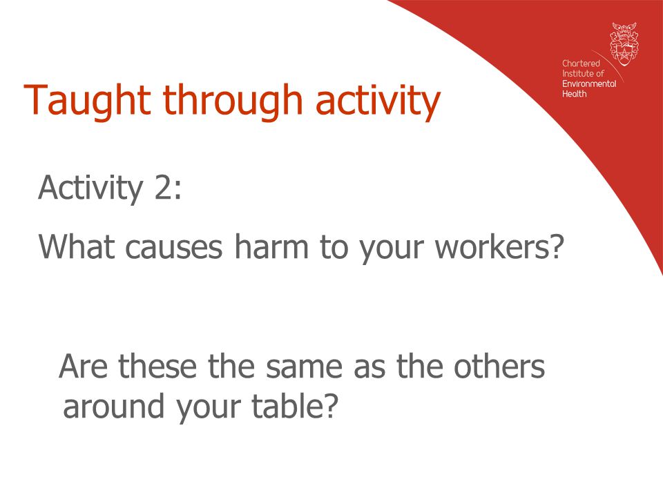 Taught through activity Activity 2: What causes harm to your workers.