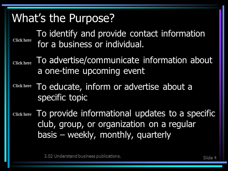 3.02 Understand business publications. Slide 3 Classify the Purpose