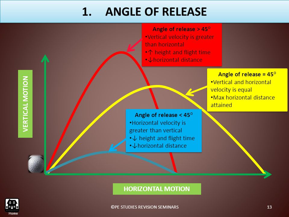 ©PE STUDIES REVISION SEMINARS13 VERTICAL MOTION HORIZONTAL MOTION 1.ANGLE OF RELEASE Home Angle of release = 45⁰ Vertical and horizontal velocity is equal Max horizontal distance attained Angle of release = 45⁰ Vertical and horizontal velocity is equal Max horizontal distance attained Angle of release > 45⁰ Vertical velocity is greater than horizontal ↑ height and flight time ↓horizontal distance Angle of release > 45⁰ Vertical velocity is greater than horizontal ↑ height and flight time ↓horizontal distance Angle of release < 45⁰ Horizontal velocity is greater than vertical ↓ height and flight time ↓horizontal distance Angle of release < 45⁰ Horizontal velocity is greater than vertical ↓ height and flight time ↓horizontal distance