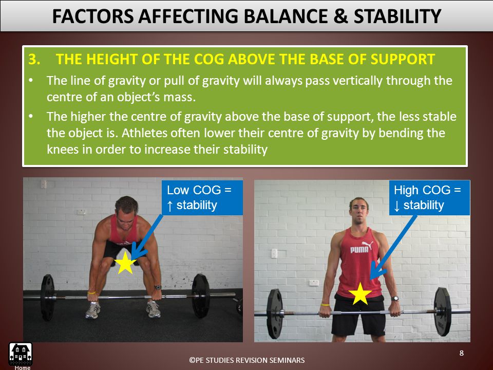 FACTORS AFFECTING BALANCE & STABILITY Low COG = ↑ stability High COG = ↓ stability 8 ©PE STUDIES REVISION SEMINARS Home 3.THE HEIGHT OF THE COG ABOVE THE BASE OF SUPPORT The line of gravity or pull of gravity will always pass vertically through the centre of an object’s mass.