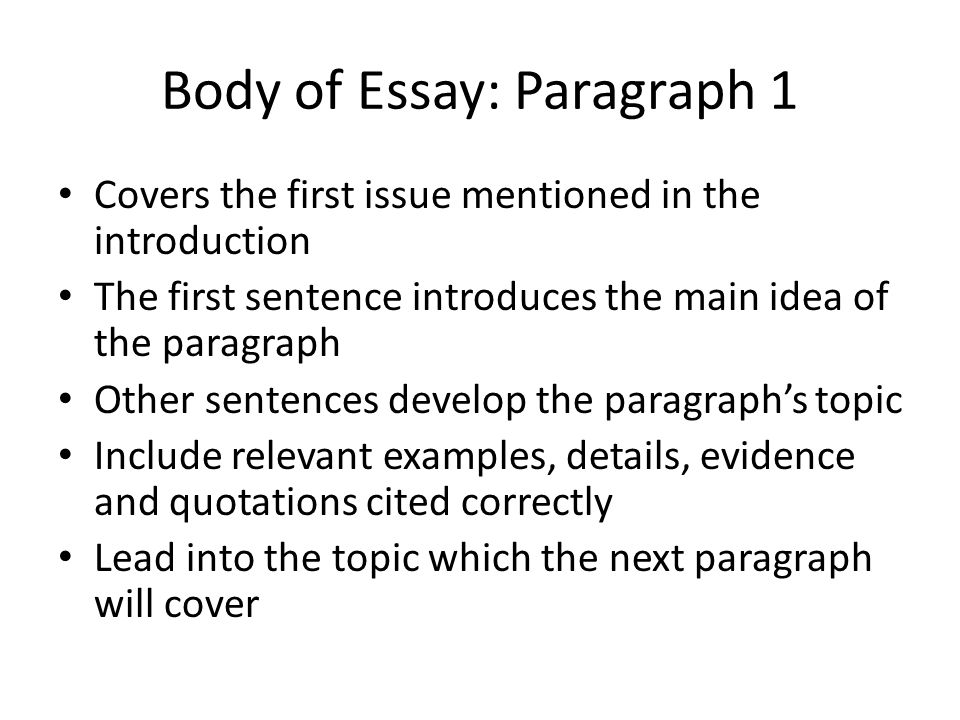 Body of Essay: Paragraph 1 Covers the first issue mentioned in the introduction The first sentence introduces the main idea of the paragraph Other sentences develop the paragraph’s topic Include relevant examples, details, evidence and quotations cited correctly Lead into the topic which the next paragraph will cover
