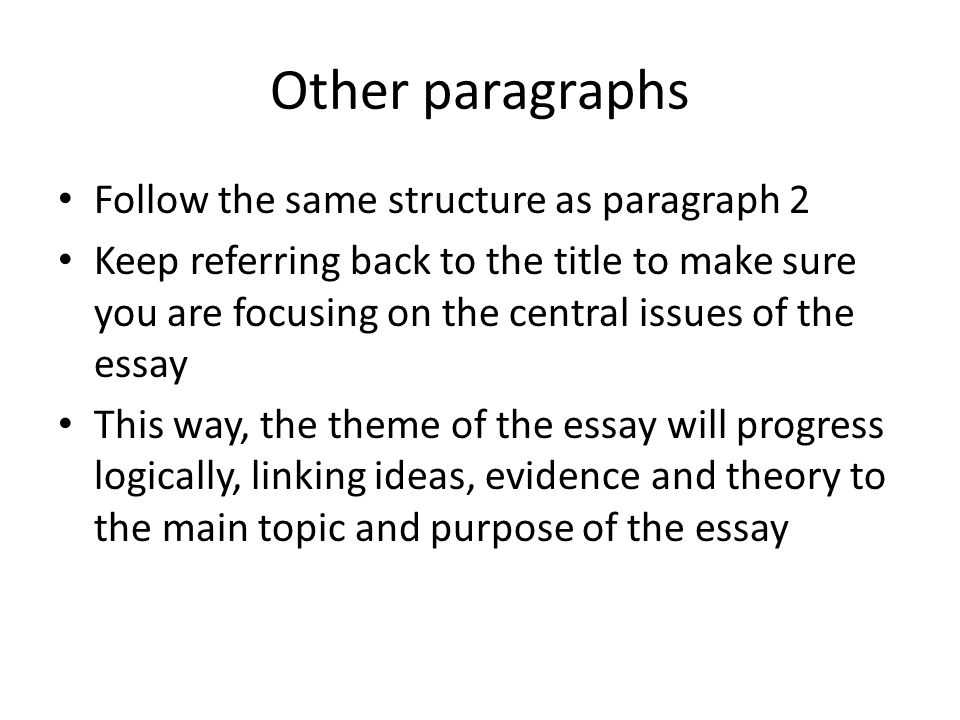 Other paragraphs Follow the same structure as paragraph 2 Keep referring back to the title to make sure you are focusing on the central issues of the essay This way, the theme of the essay will progress logically, linking ideas, evidence and theory to the main topic and purpose of the essay