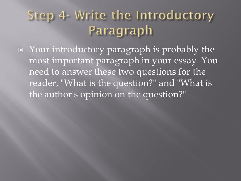  Your introductory paragraph is probably the most important paragraph in your essay.