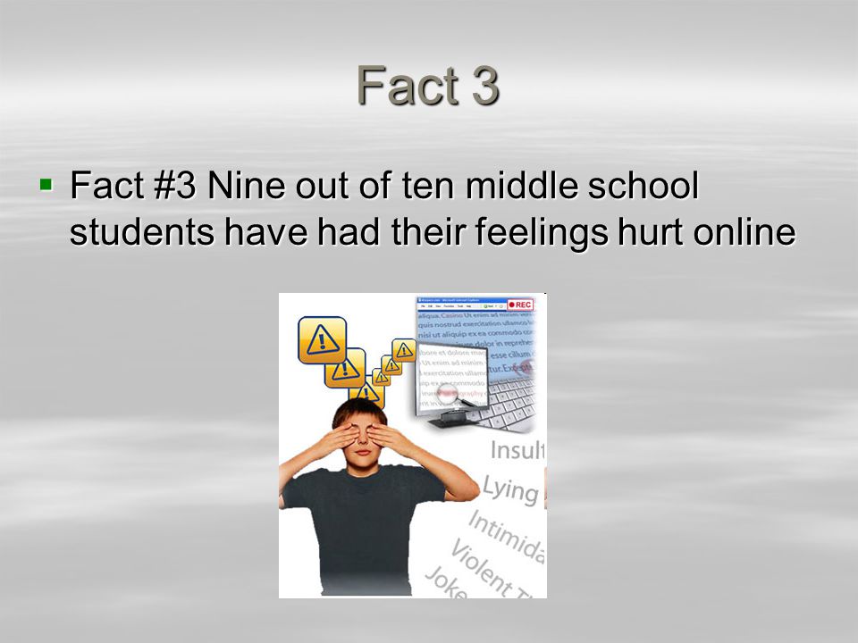Fact 3  Fact #3 Nine out of ten middle school students have had their feelings hurt online