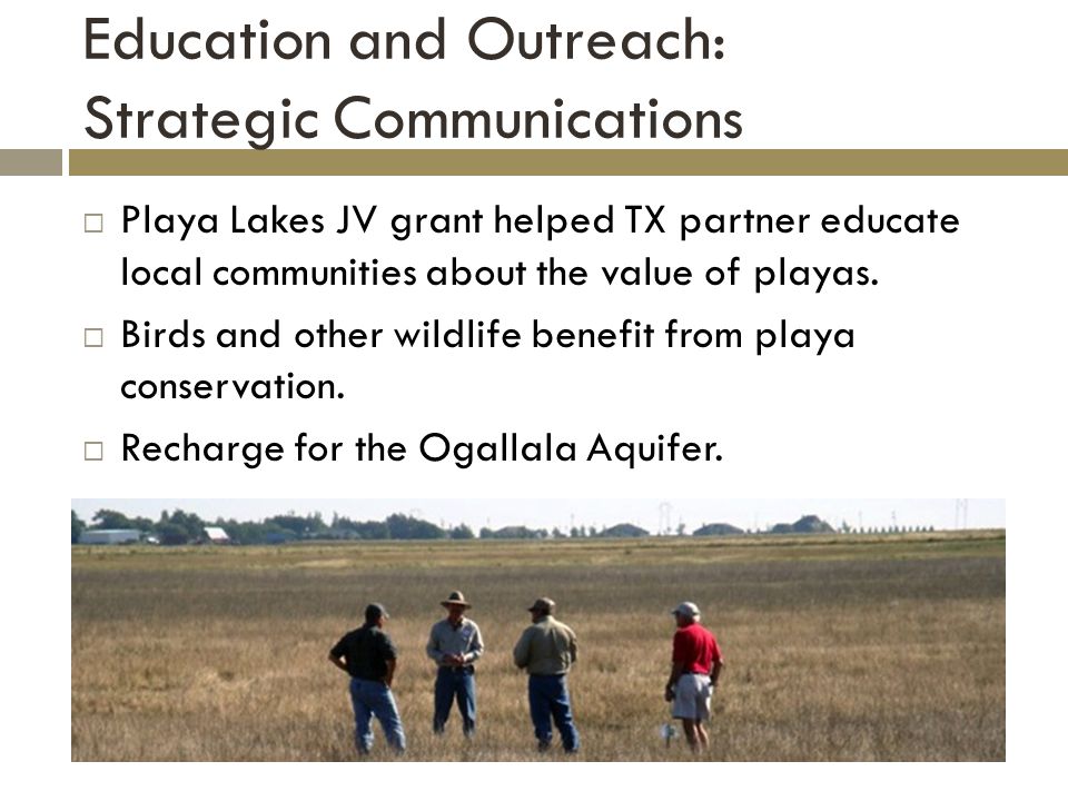 Education and Outreach: Strategic Communications  Playa Lakes JV grant helped TX partner educate local communities about the value of playas.
