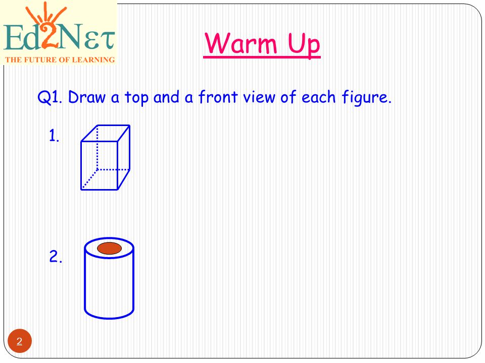 2 Warm Up Q1. Draw a top and a front view of each figure