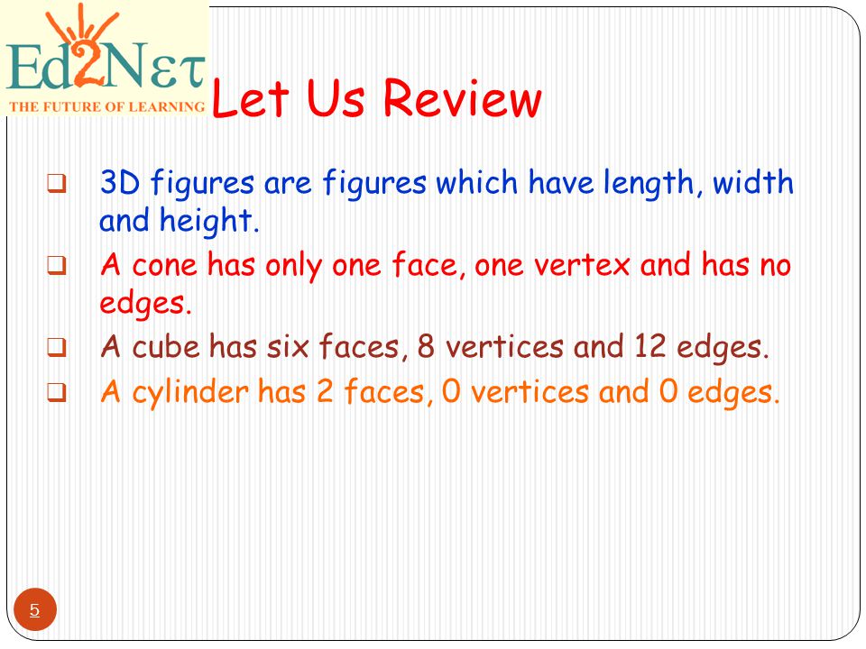 Let Us Review 5  3D figures are figures which have length, width and height.