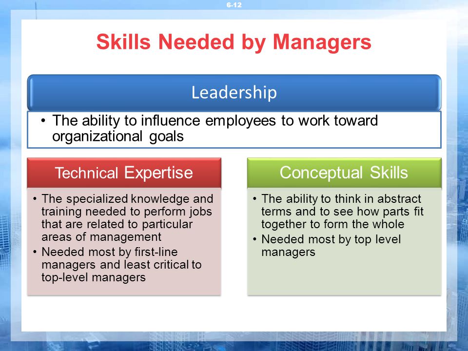 Skills Needed by Managers 6-12 Technical Expertise The specialized knowledge and training needed to perform jobs that are related to particular areas of management Needed most by first-line managers and least critical to top-level managers Conceptual Skills The ability to think in abstract terms and to see how parts fit together to form the whole Needed most by top level managers Leadership The ability to influence employees to work toward organizational goals