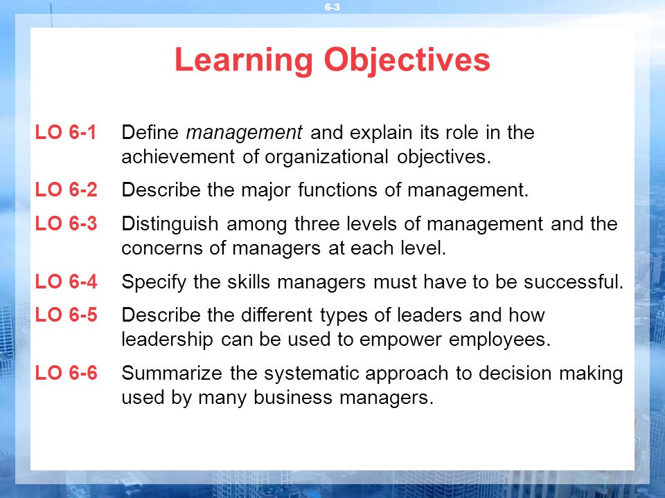 Learning Objectives LO 6-1Define management and explain its role in the achievement of organizational objectives.