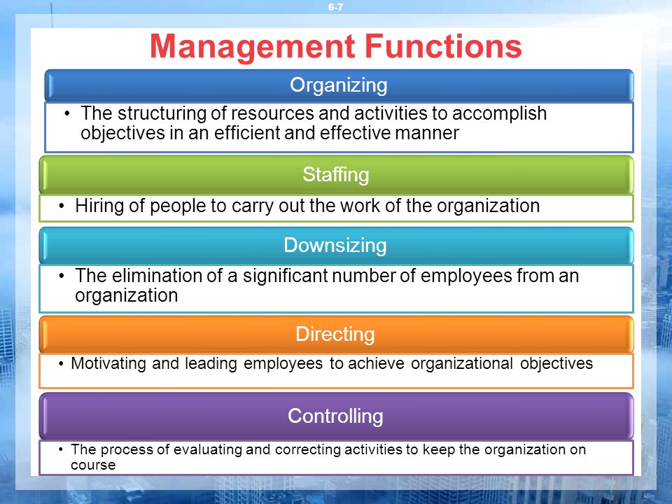 Management Functions 6-7 Organizing The structuring of resources and activities to accomplish objectives in an efficient and effective manner Staffing Hiring of people to carry out the work of the organization Downsizing The elimination of a significant number of employees from an organization Directing Motivating and leading employees to achieve organizational objectives Controlling The process of evaluating and correcting activities to keep the organization on course